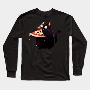 Black fat cat eats pizza Long Sleeve T-Shirt